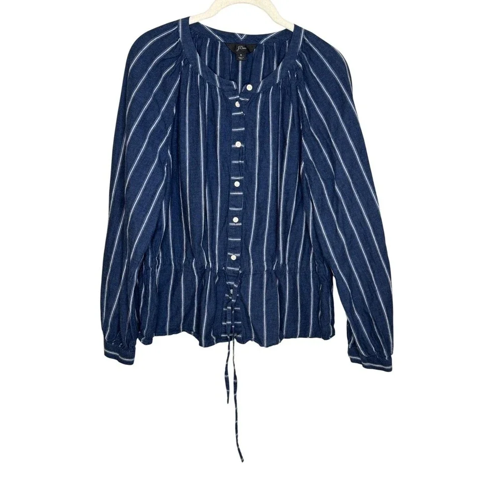 J.Crew Shirt Womens 8 Blue Stripe Drawstring Peplum Button Front Long Sleeve Top